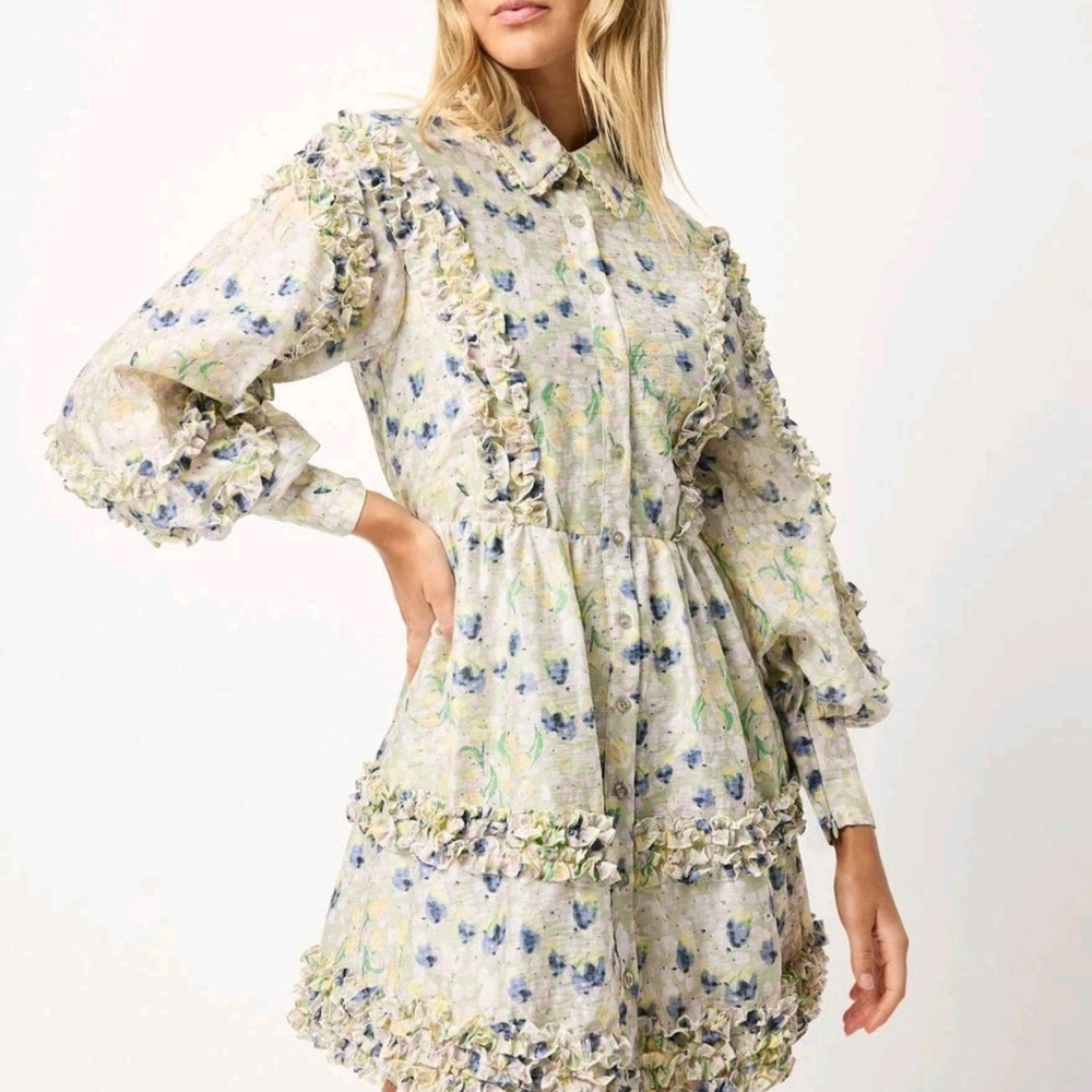 Elliatt Cream Midi Dress with Bishop Sleeves and Dress Shirt Collar